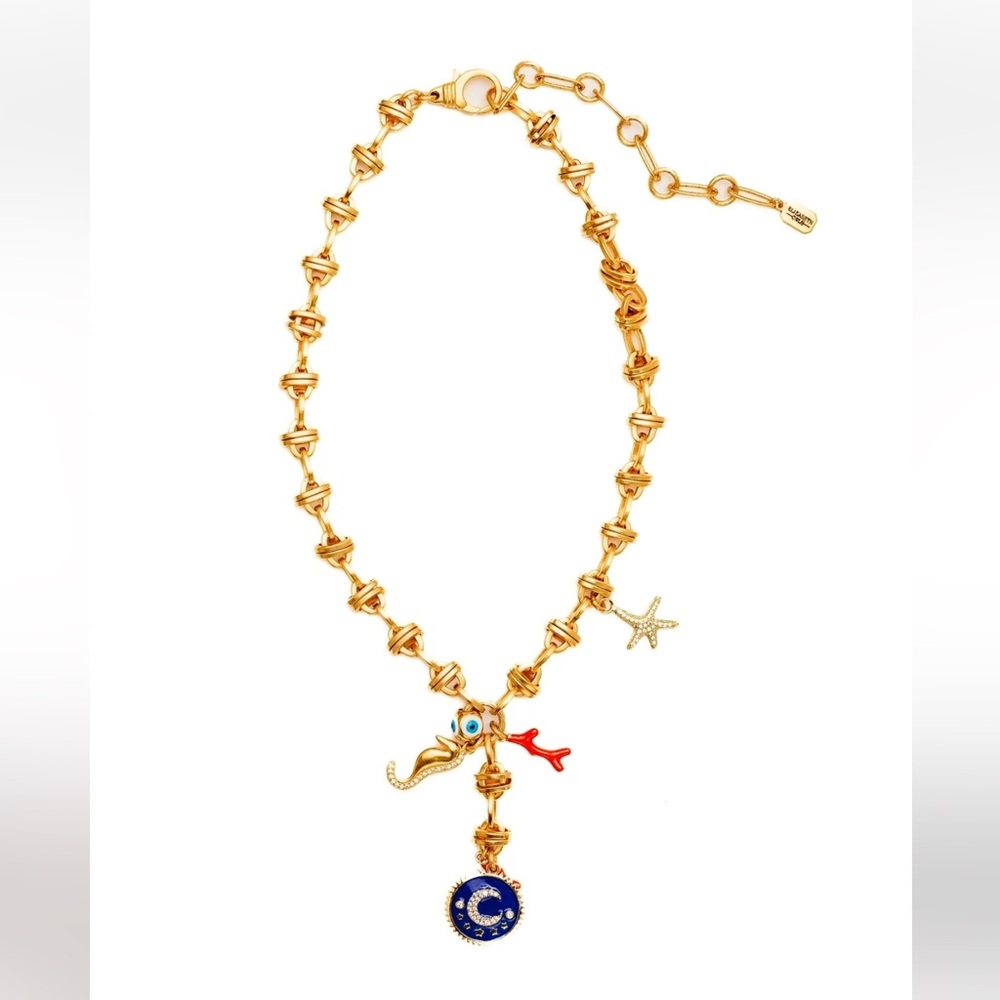 NWOB ELIZABETH COLE CRESCENT NECKLACE GOLD WITH CHARMS